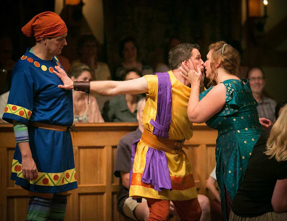 John Harrell as Dromio of Syracuse, Gregory Jon Phelps as Antipholus of Syracuse, and Allison Glenzer as Adriana in THE COMEDY OF ERRORS. Photo by Lindsey Walters.